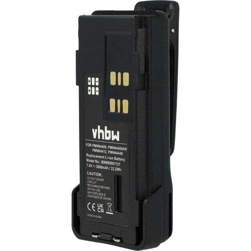 vhbw Akku kompatibel mit Motorola XPR7550e, XPR7580e, XPR7580, XPR7550 Funkgerät, Walkie Talkie (3000mAh, 7,4V, Li-Ion) + Gürtelclip