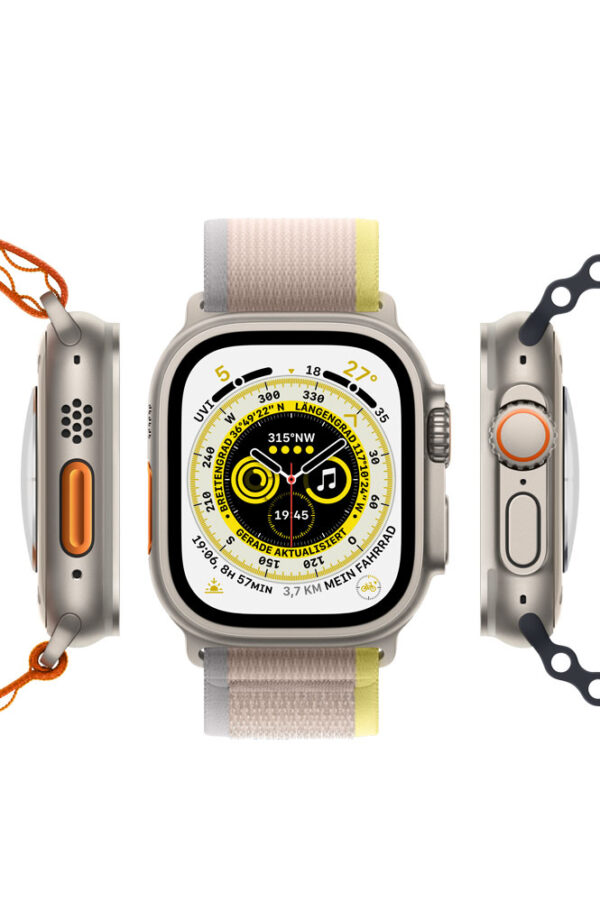 Apple Watch Ultra - 49 mm - Titan - intelligente Uhr mit Trail Loop - soft double-layer nylon - yellow/beige - Bandgröße: S/M - 32 GB - Wi-Fi, LTE, UWB, Bluetooth - 4G - 61.3 g