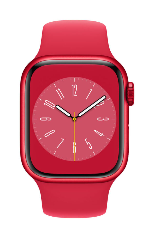 Apple Watch Series 8 (GPS + Cellular) - (PRODUCT) RED - 41 mm - Red Aluminium - intelligente Uhr mit Sportband - Flouroelastomer - rot - Bandgröße: regelmäßig - 32GB - Wi-Fi, LTE, Bluetooth, UWB - 4G - 32 g (MNJ23FD/A)