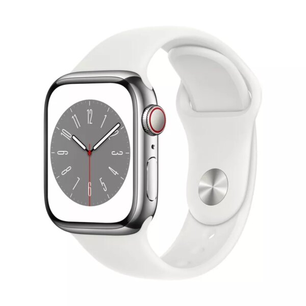 Apple Watch Series 8 (GPS + Cellular) - 41 mm - Silver Edelstahl - intelligente Uhr mit Sportband - Flouroelastomer - weiß - Bandgröße: regelmäßig - 32GB - Wi-Fi, LTE, Bluetooth, UWB - 4G - 42,3 g (MNJ53FD/A) - Sonderposten