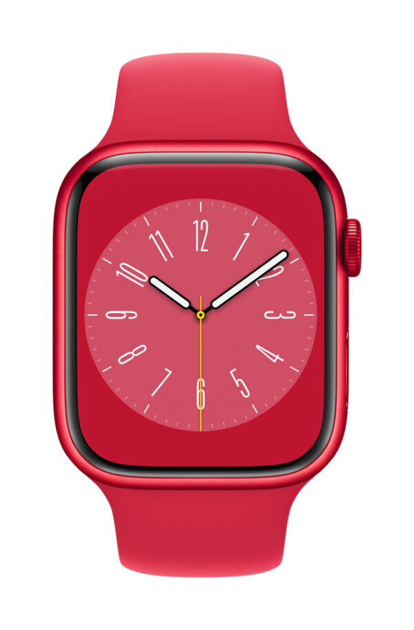 Apple Watch Series 8 (GPS + Cellular) - (PRODUCT) RED - 45 mm - Red Aluminium - intelligente Uhr mit Sportband - Flouroelastomer - rot - Bandgröße: regelmäßig - 32GB - Wi-Fi, LTE, Bluetooth, UWB - 4G - 38,8 g (MNKA3FD/A)