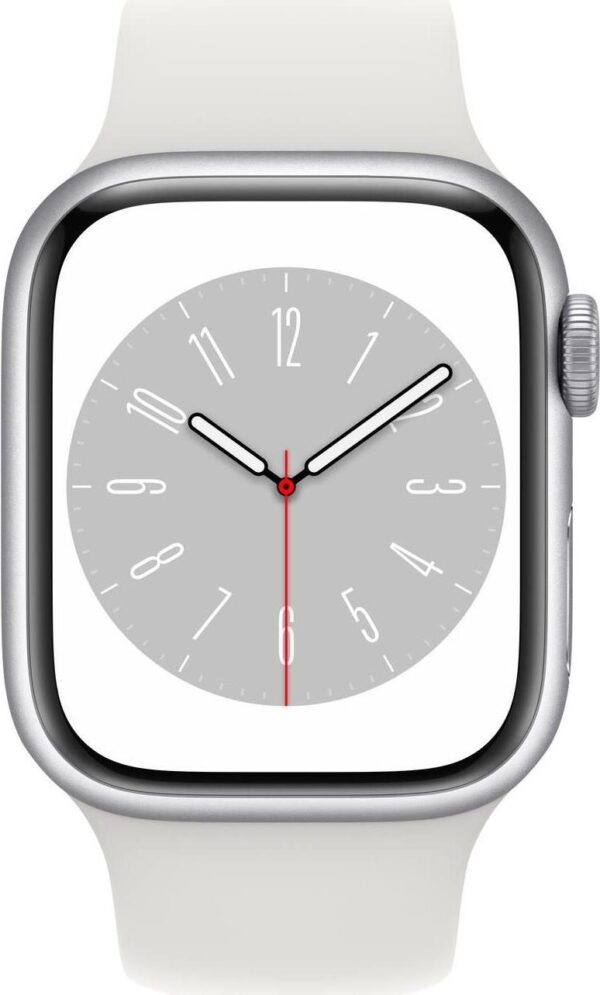 Apple Watch Series 8 (GPS + Cellular) - 45 mm - Silver Edelstahl - intelligente Uhr mit Sportband - Flouroelastomer - weiß - Bandgröße: regelmäßig - 32GB - Wi-Fi, LTE, Bluetooth, UWB - 4G - 51,5 g (MNKE3FD/A)