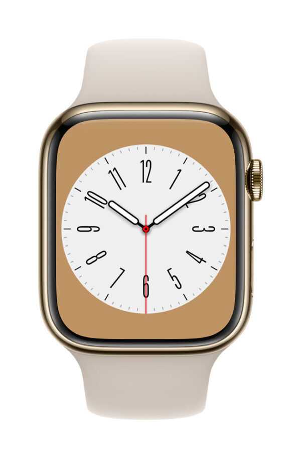 Apple Watch Series 8 (GPS + Cellular) - 45 mm - Gold, Edelstahl - intelligente Uhr mit Sportband - Flouroelastomer - Starlight - Bandgröße: regelmäßig - 32GB - Wi-Fi, LTE, Bluetooth, UWB - 4G - 51,5 g (MNKM3FD/A)