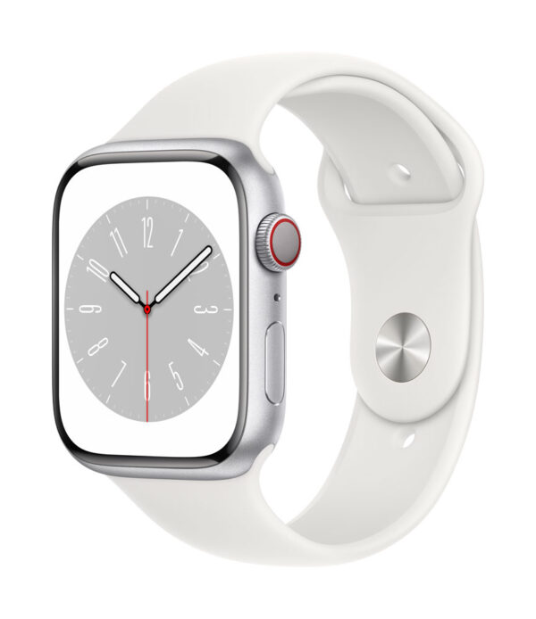 Apple Watch Series 8 (GPS + Cellular) - 45 mm - Aluminium, Silber - intelligente Uhr mit Sportband - Flouroelastomer - weiß - Bandgröße: regelmäßig - 32GB - Wi-Fi, LTE, Bluetooth, UWB - 4G - 38,8 g (MP4J3FD/A)