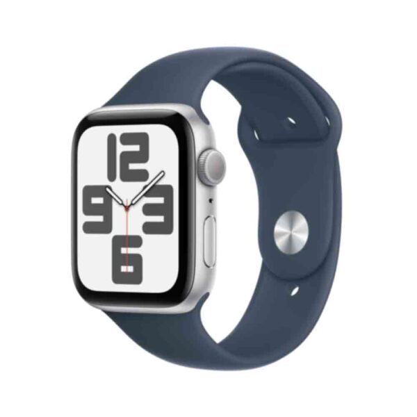 Apple Watch SE (GPS) - 44 mm - Aluminium, Silber - intelligente Uhr mit Sportband - Flouroelastomer - Storm Blue - Bandgröße: S/M - 32GB - Wi-Fi, Bluetooth - 32,9 g (MREC3QF/A)