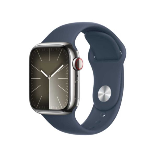 APPLE Watch Series 9 GPS + Cellular 41mm Silver Stainless Steel Case with Storm Blue Sport Band - S/M (MRJ23QF/A) - Sonderposten