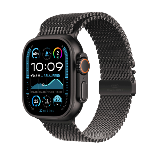 Apple Watch Ultra 2 GPS + Cellular 49mm Black Titanium Case mit Black Titanium Milanese Band - S (MX4W3FD/A)